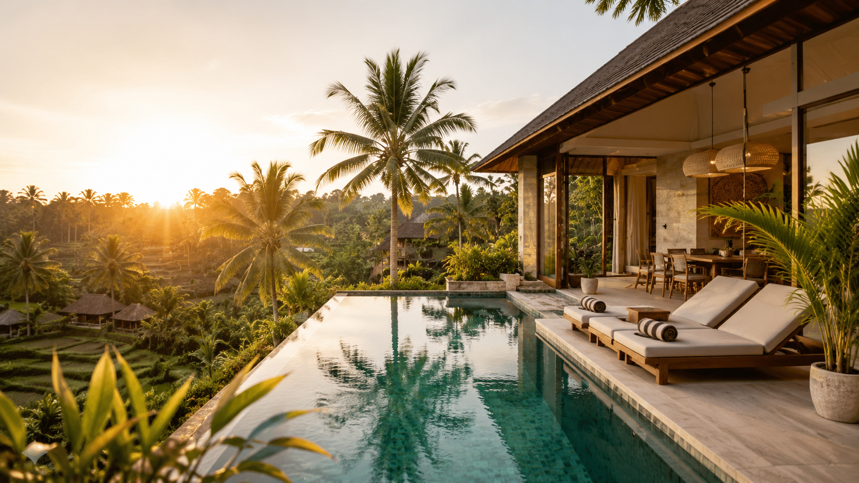 Villa with infinity pool overlooking rice terraces at sunset
