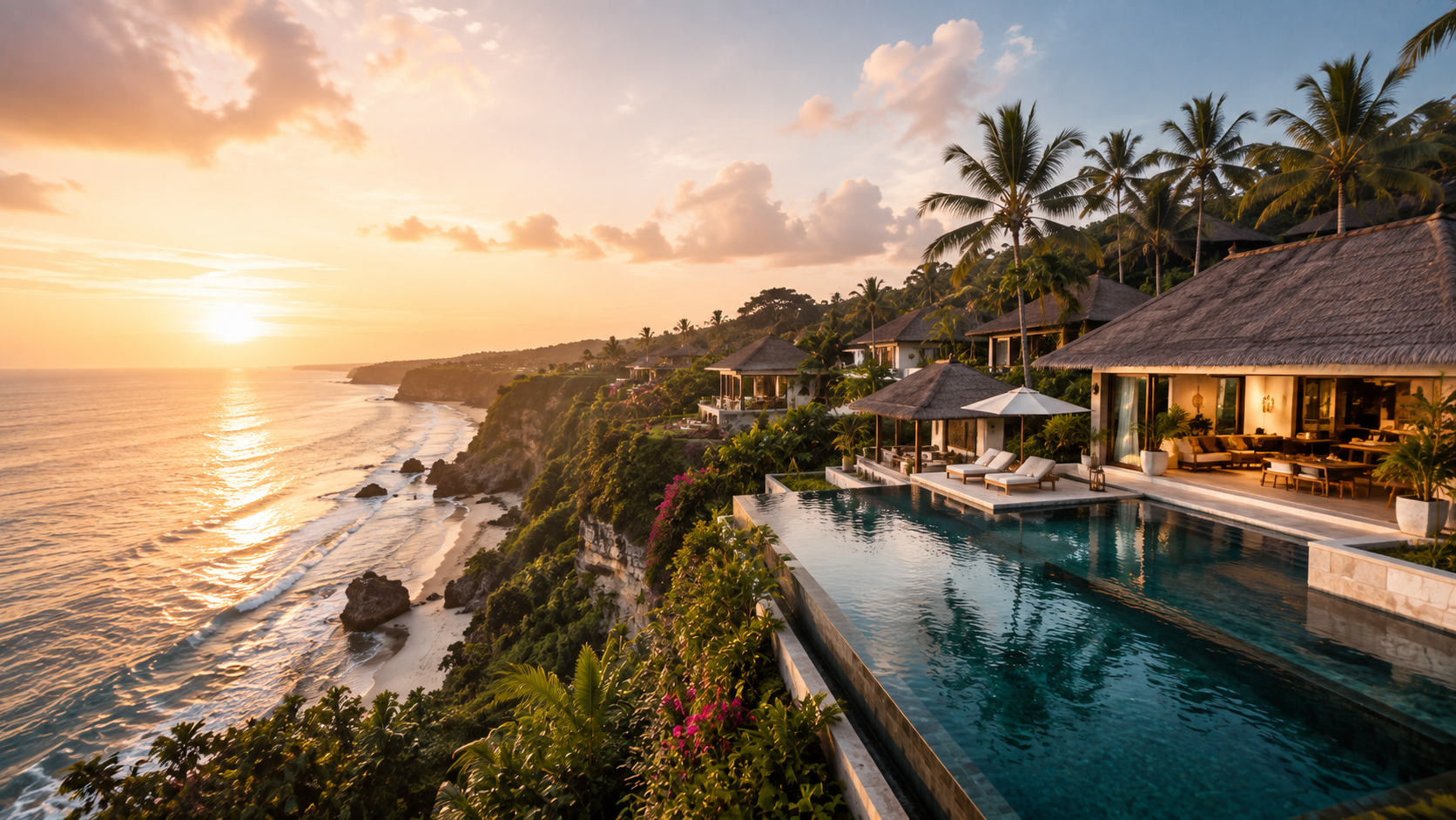 Clifftop villas above the ocean at sunset