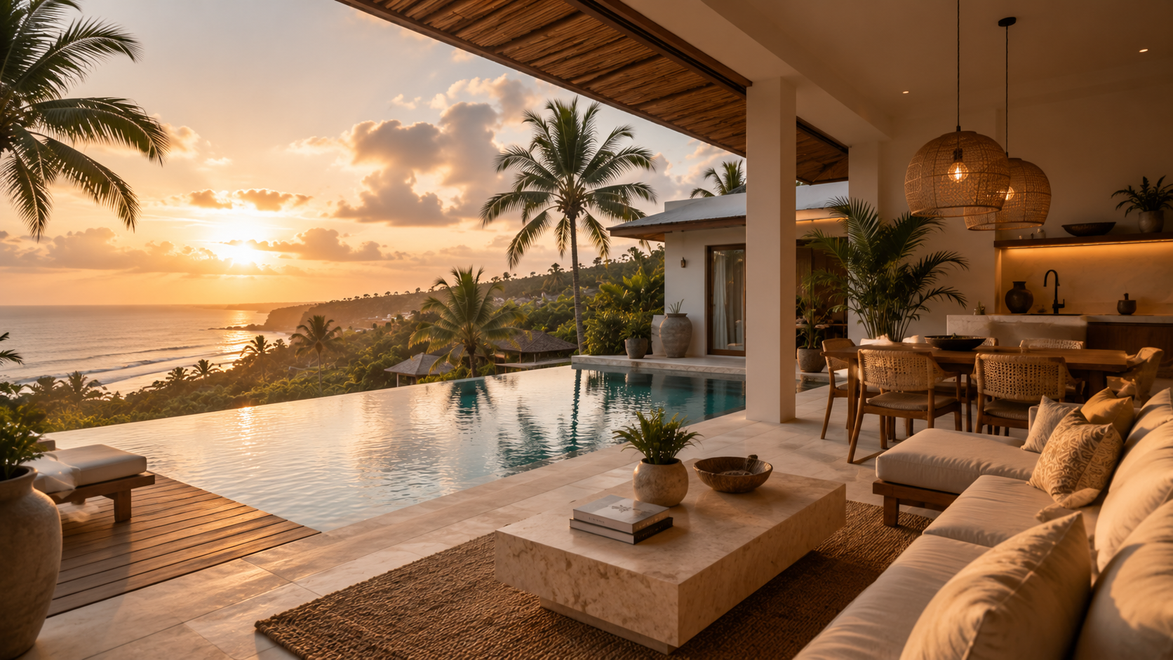 Open-plan villa living space overlooking a pool and the ocean at sunset
